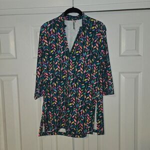 Lulu B Green Buttons Leaves V-Neck 3/4 Sleeve Top Size Small Womens Colorful